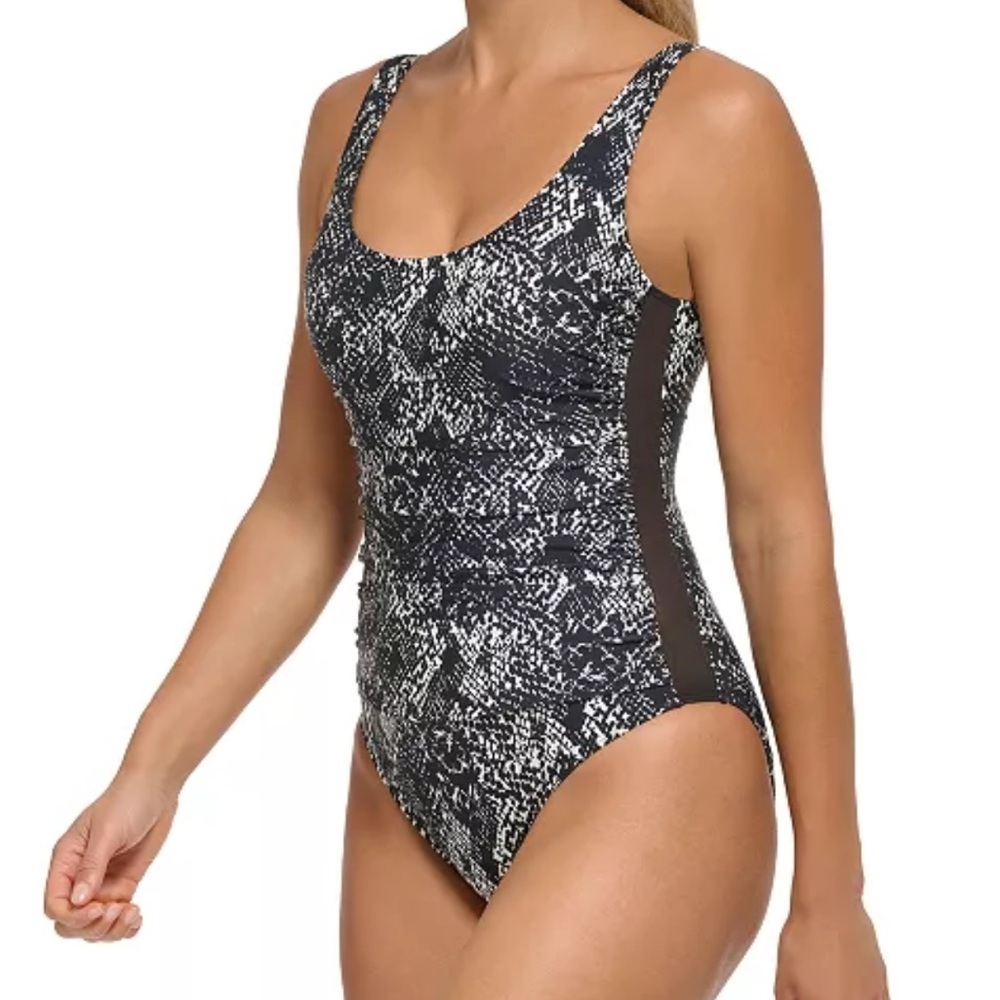 DKNY  Mesh Side Inserts Ruched Waist One Piece Swimsuit Size 4
